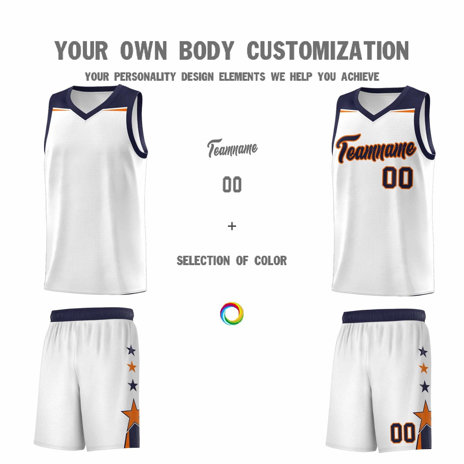Custom Youth Basketball Uniform White Navy Two Tone Side Star Add Name Number & Logo