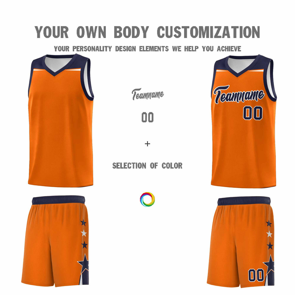 Custom Youth Basketball Uniform Orange Navy Two Tone Side Star Color Block Team Jersey