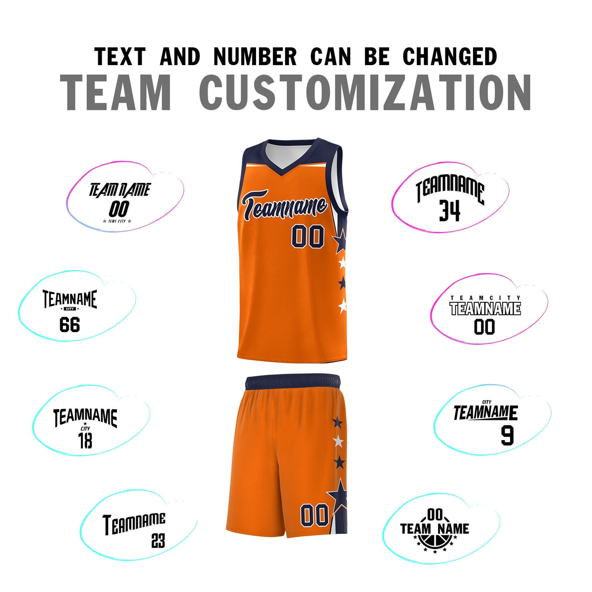 Custom Youth Basketball Uniform Orange Navy Two Tone Side Star Color Block Team Jersey