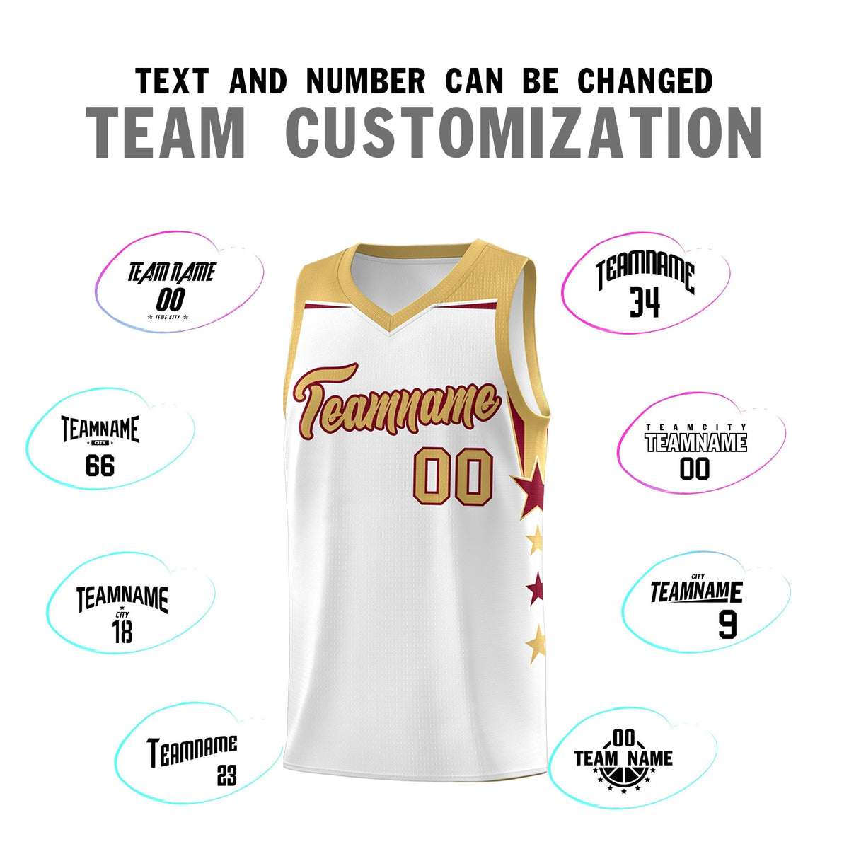 Custom Youth Basketball Uniform White Old Gold Two Tone Side Star Add Name Number &amp; Logo