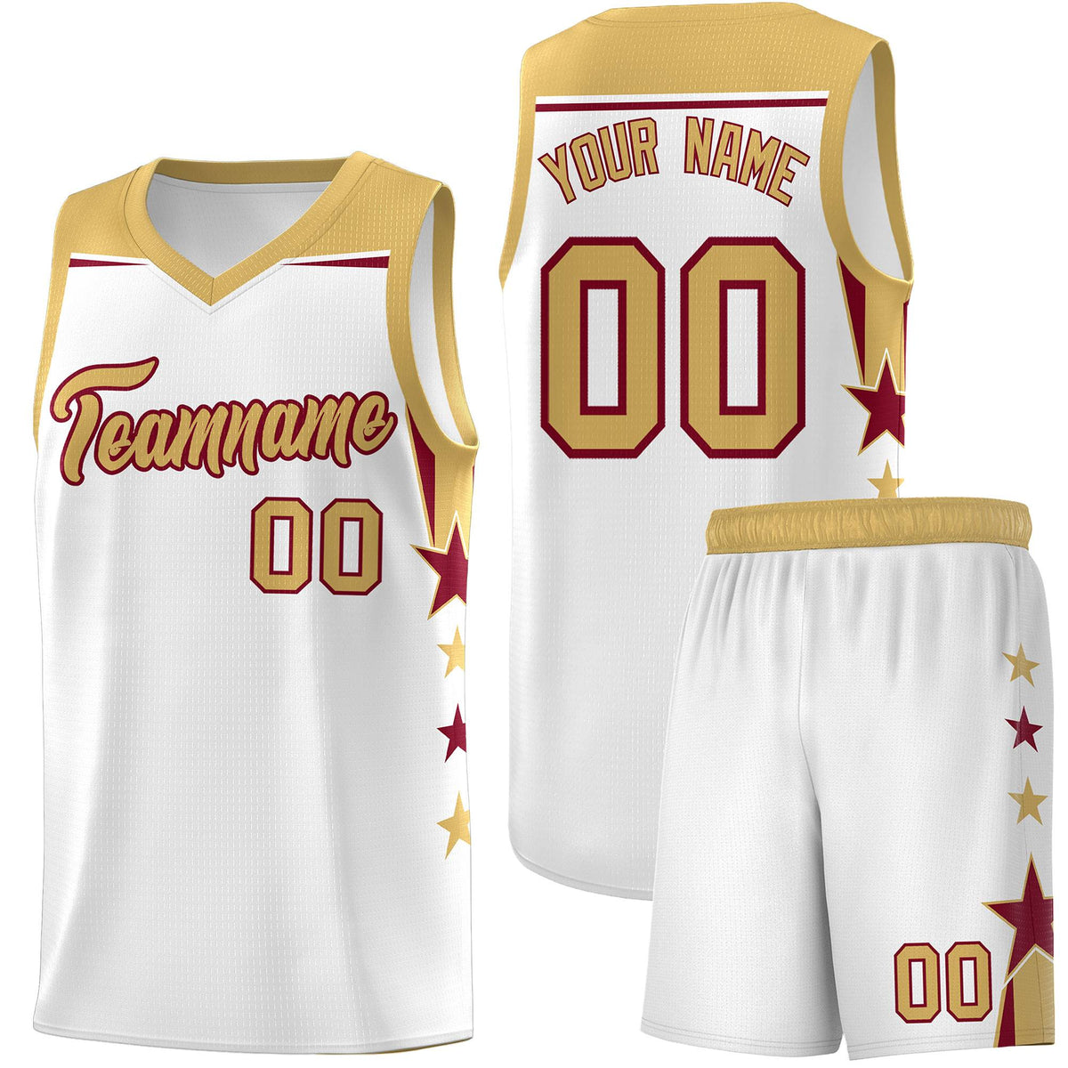 Custom Youth Basketball Uniform White Old Gold Two Tone Side Star Add Name Number &amp; Logo