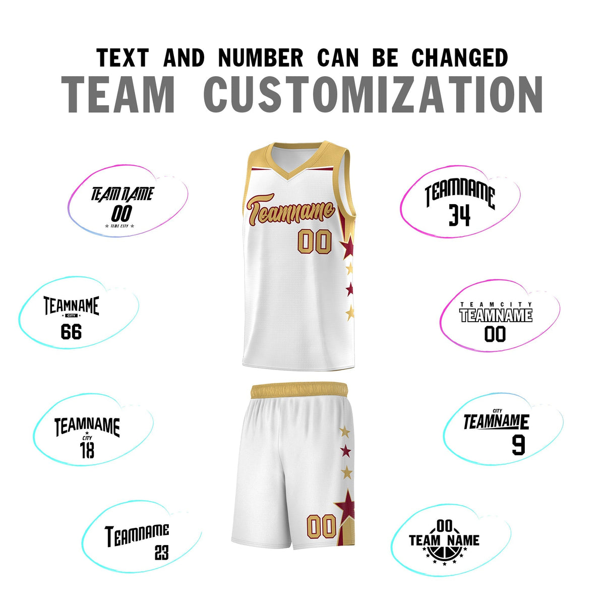 Custom Youth Basketball Uniform White Old Gold Two Tone Side Star Add Name Number &amp; Logo