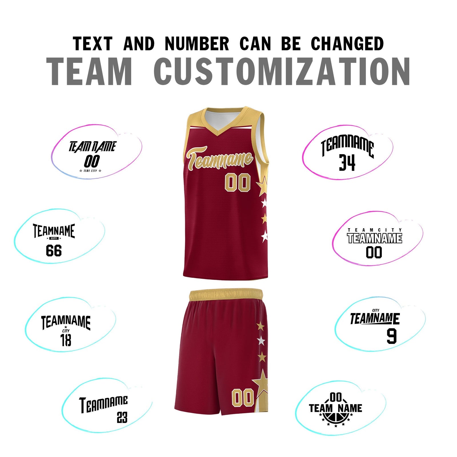 Custom Youth Basketball Uniform Crimson Old Gold Two Tone Side Star Color Block Team Jersey