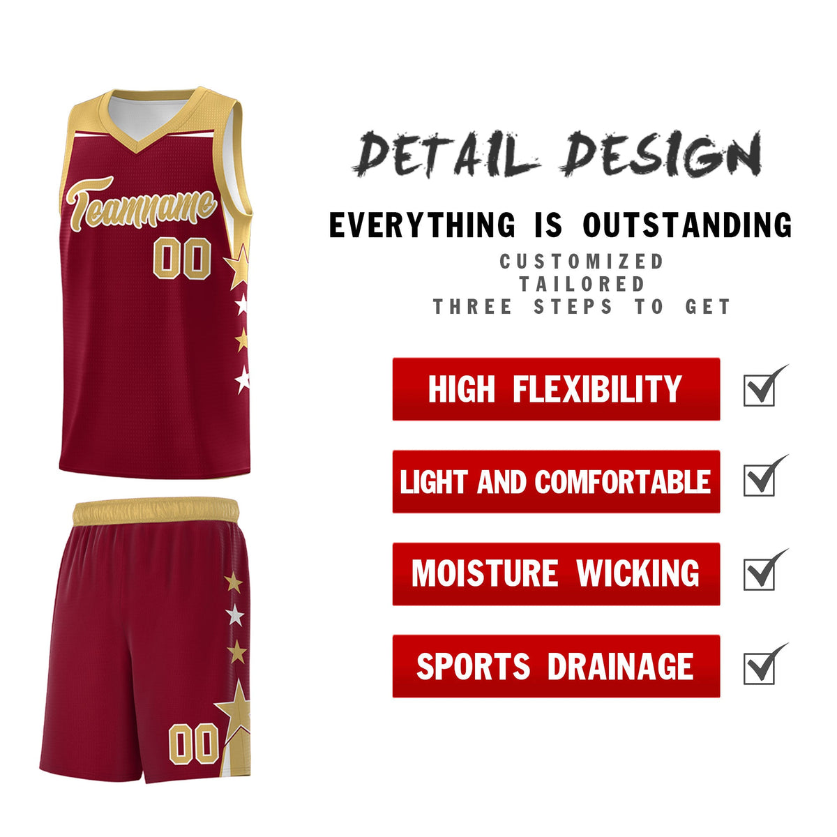 Custom Youth Basketball Uniform Crimson Old Gold Two Tone Side Star Color Block Team Jersey