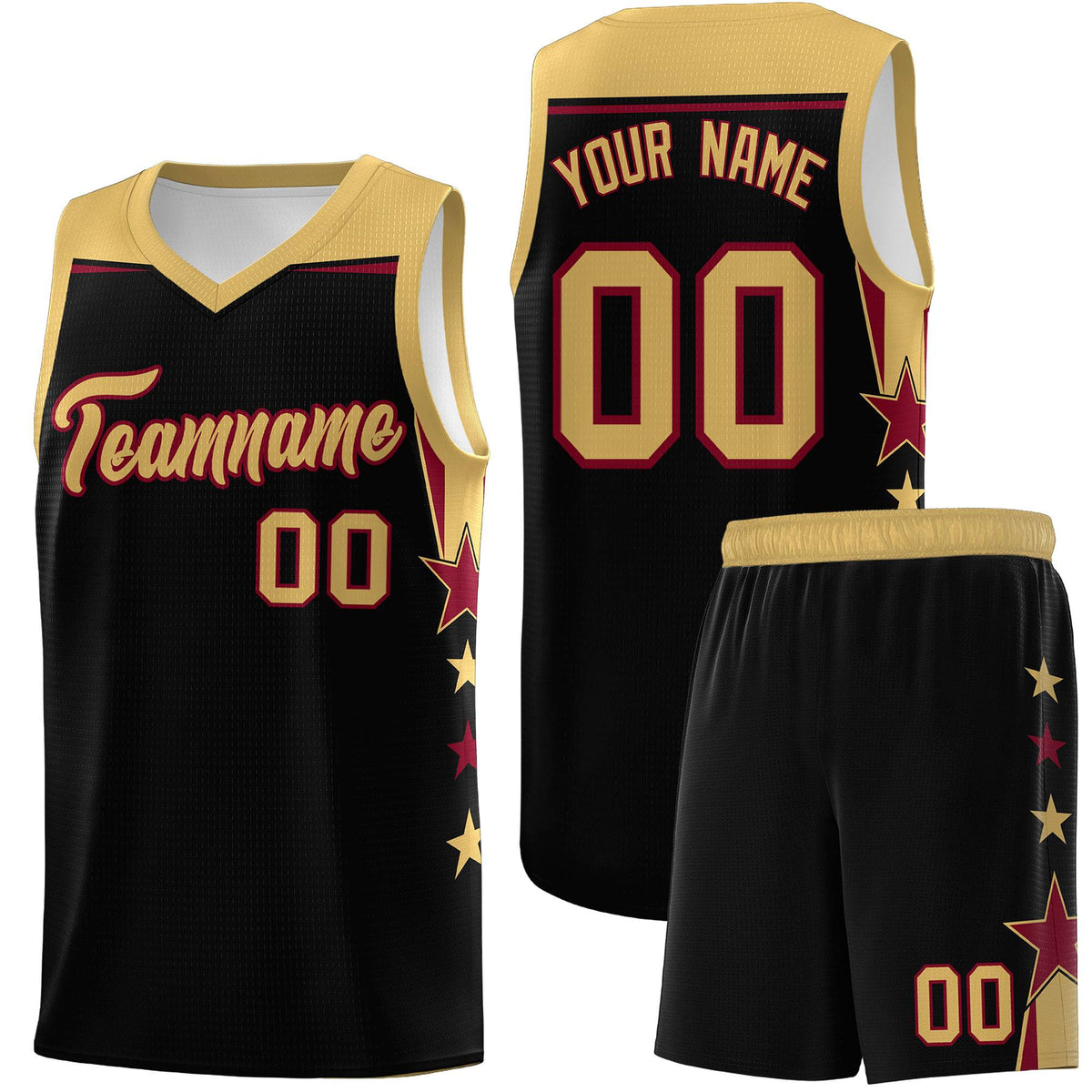 Custom Youth Basketball Uniform Black Old Gold Two Tone Side Star Add Name Number &amp; Logo