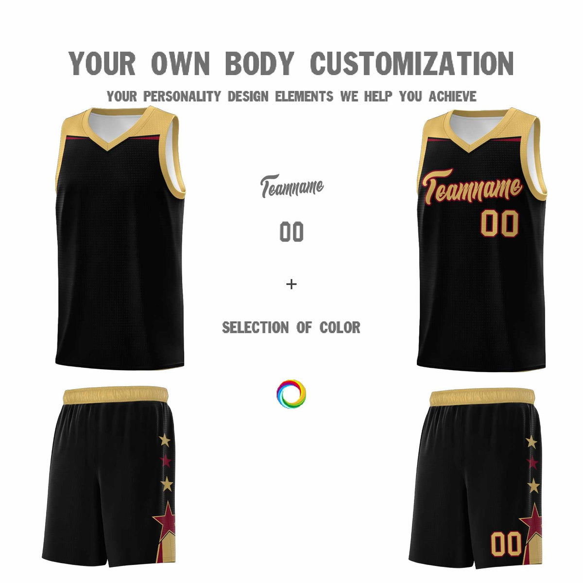 Custom Youth Basketball Uniform Black Old Gold Two Tone Side Star Add Name Number &amp; Logo