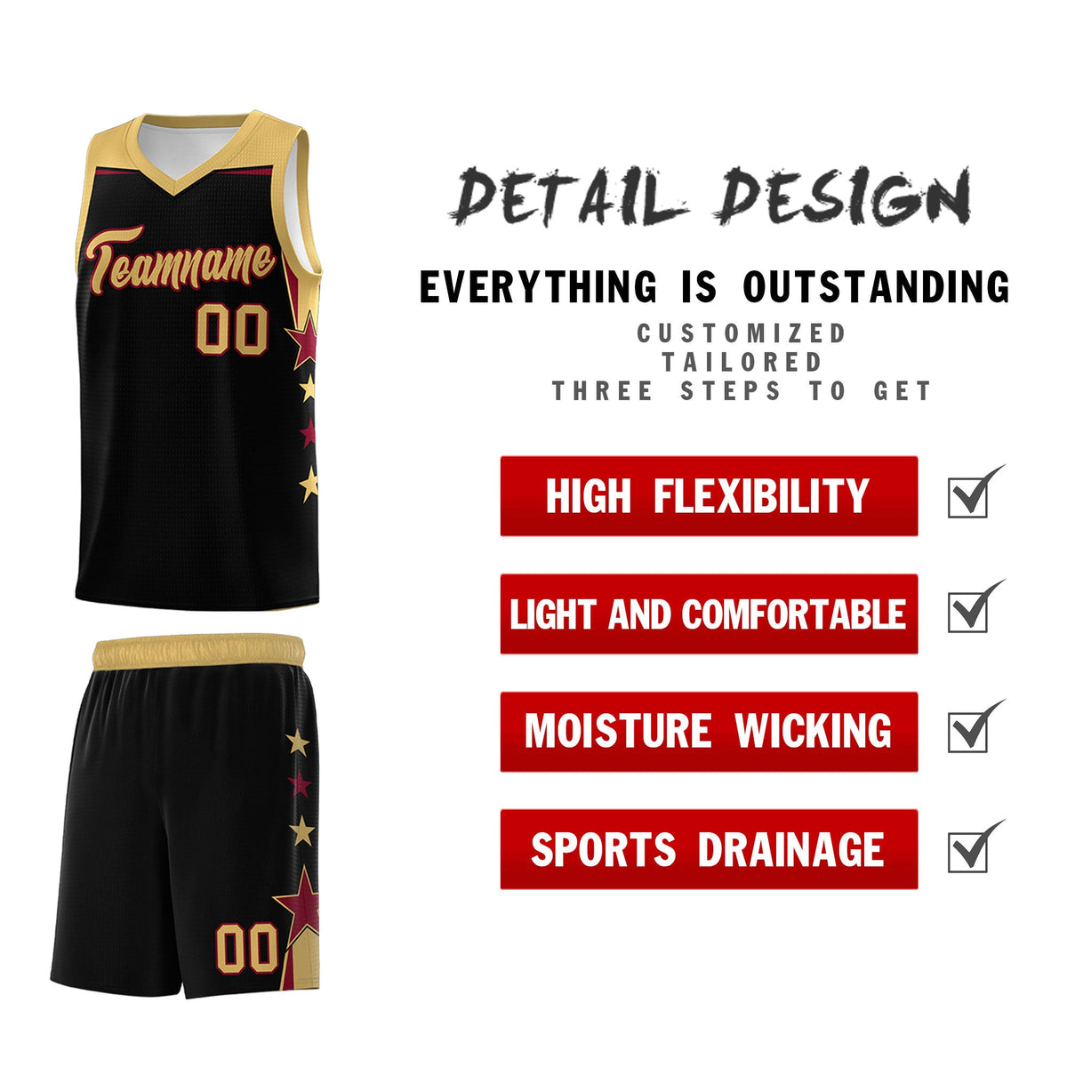 Custom Youth Basketball Uniform Black Old Gold Two Tone Side Star Add Name Number &amp; Logo