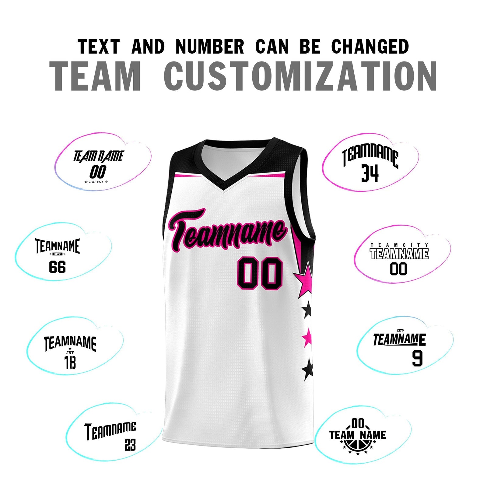 Custom Youth Basketball Uniform White Black Two Tone Side Star Add Name Number & Logo