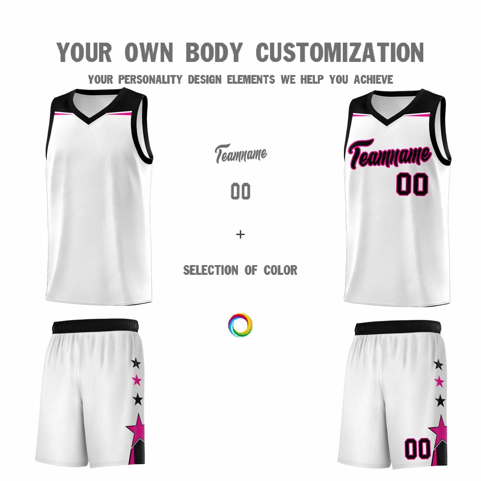 Custom Youth Basketball Uniform White Black Two Tone Side Star Add Name Number & Logo