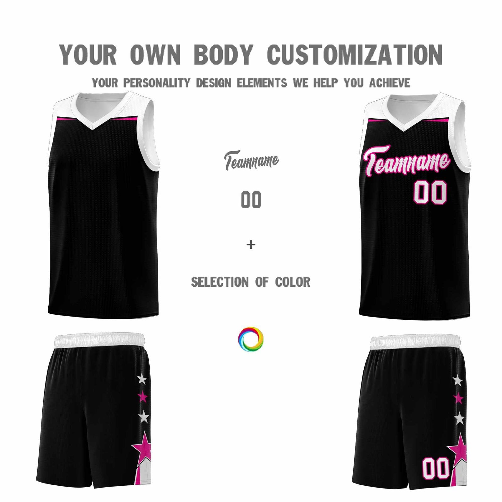 Custom Youth Basketball Uniform Black White Two Tone Side Star Personalized Team Jersey