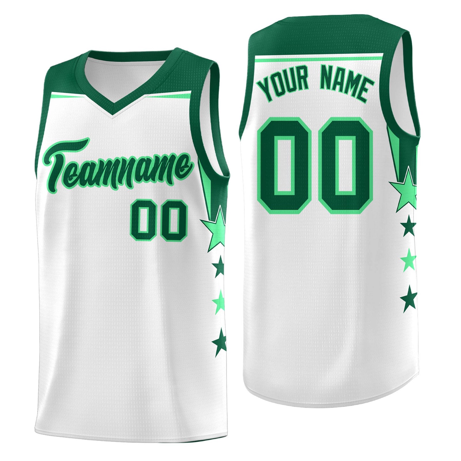 Custom Youth Basketball Uniform White Kelly Green Two Tone Side Star Add Name Number & Logo