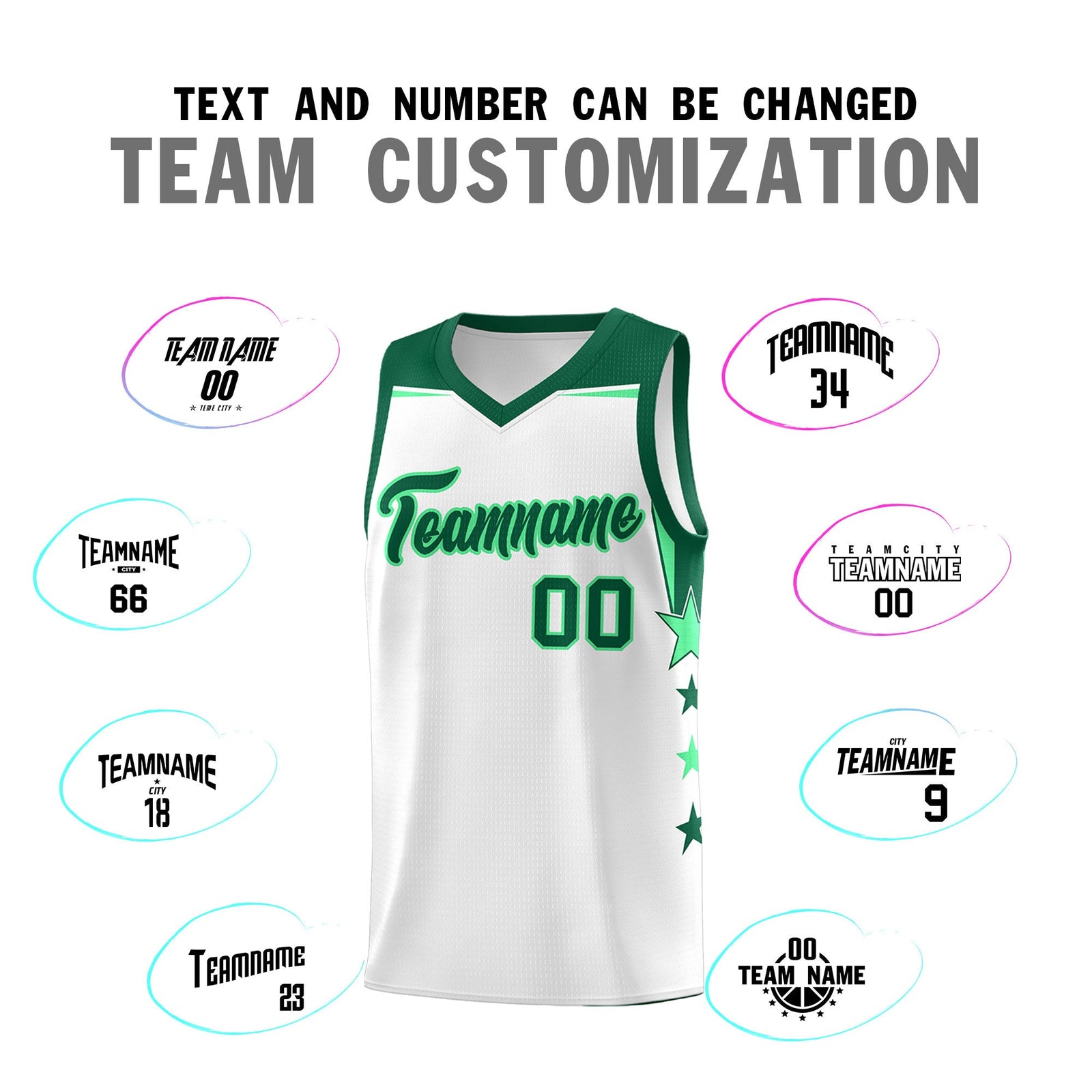 Custom Youth Basketball Uniform White Kelly Green Two Tone Side Star Add Name Number & Logo