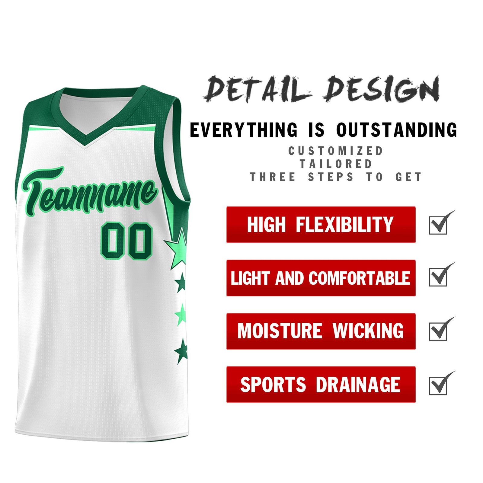 Custom Youth Basketball Uniform White Kelly Green Two Tone Side Star Add Name Number & Logo