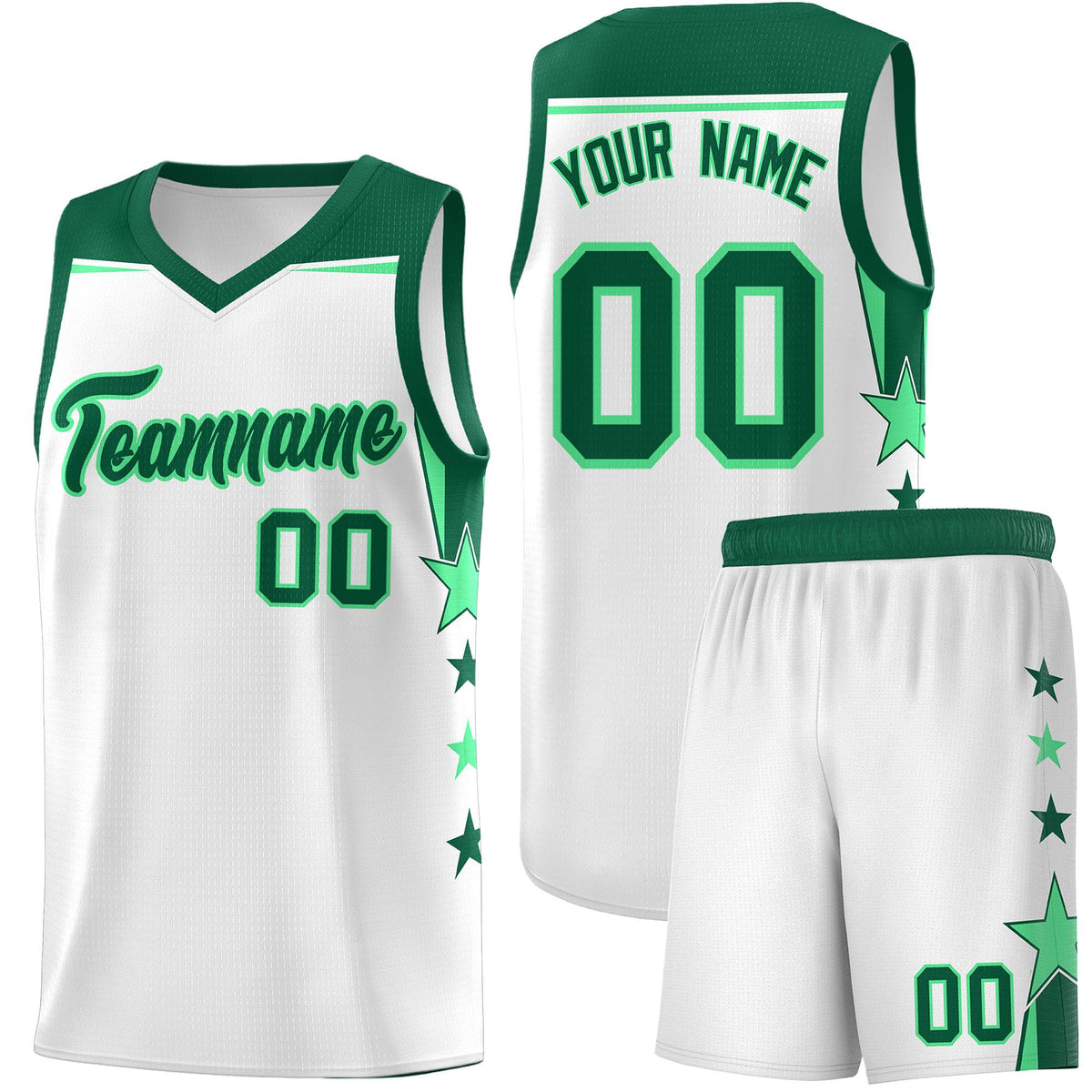 Custom Youth Basketball Uniform White Kelly Green Two Tone Side Star Add Name Number & Logo
