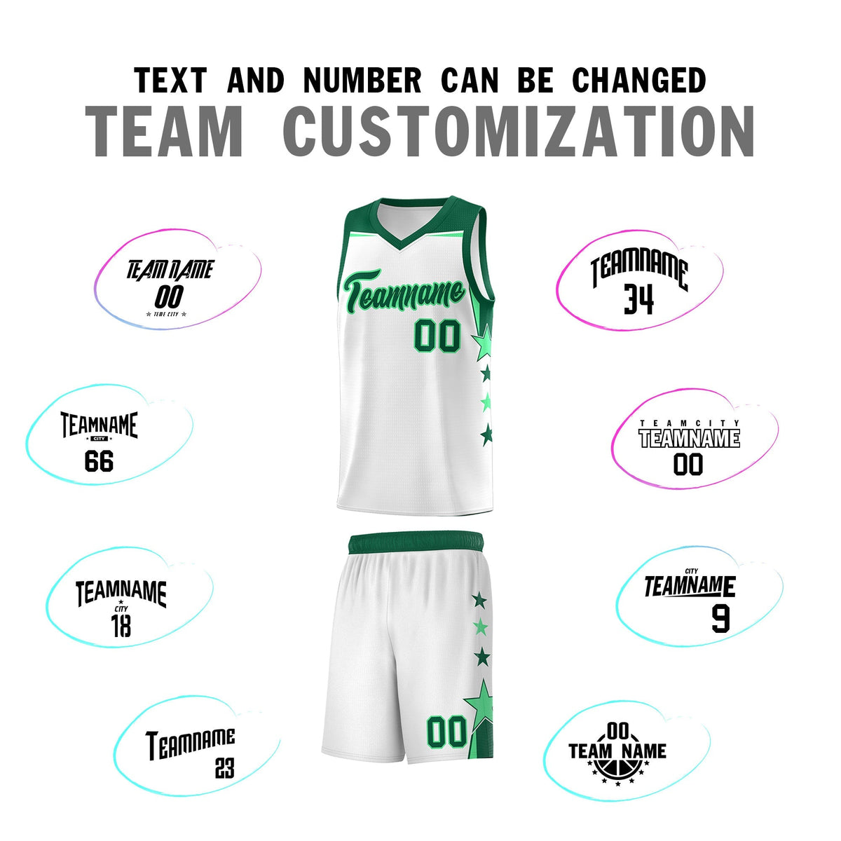 Custom Youth Basketball Uniform White Kelly Green Two Tone Side Star Add Name Number & Logo