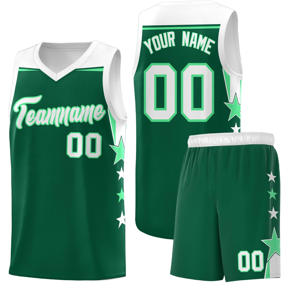 Custom Youth Basketball Uniform Kelly Green White Two Tone Side Star Personalized Team Jersey