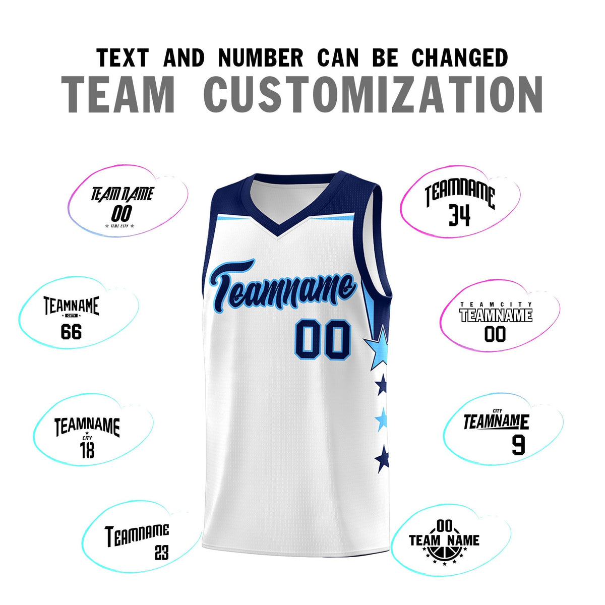 Custom Youth Basketball Uniform White Navy Two Tone Side Star Add Name Number & Logo