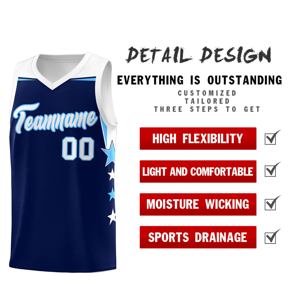 Custom Youth Basketball Uniform Navy White Two Tone Side Star Personalized Team Jersey