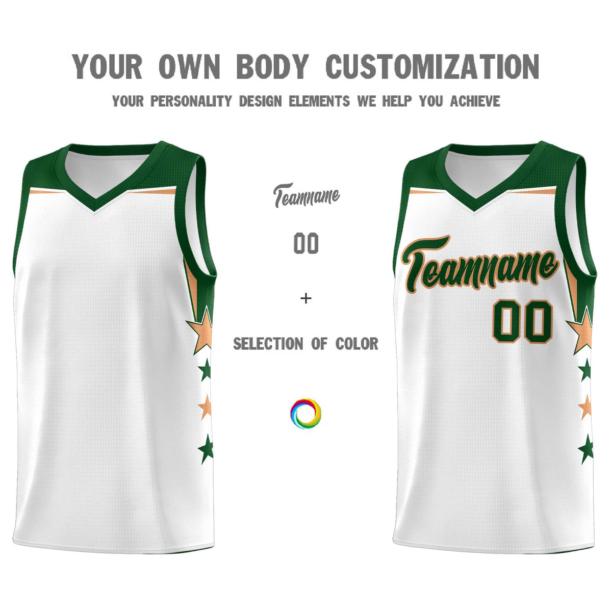 Custom Youth Basketball Uniform White Green Two Tone Side Star Add Name Number &amp; Logo