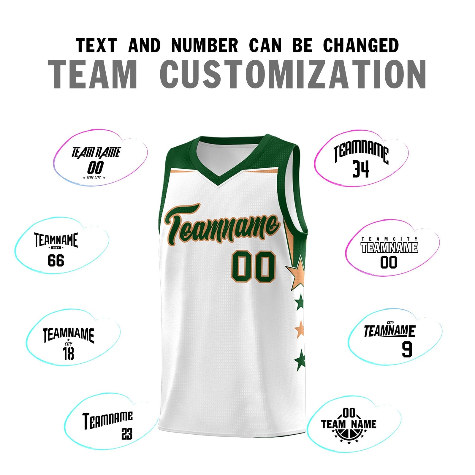Custom Youth Basketball Uniform White Green Two Tone Side Star Add Name Number & Logo