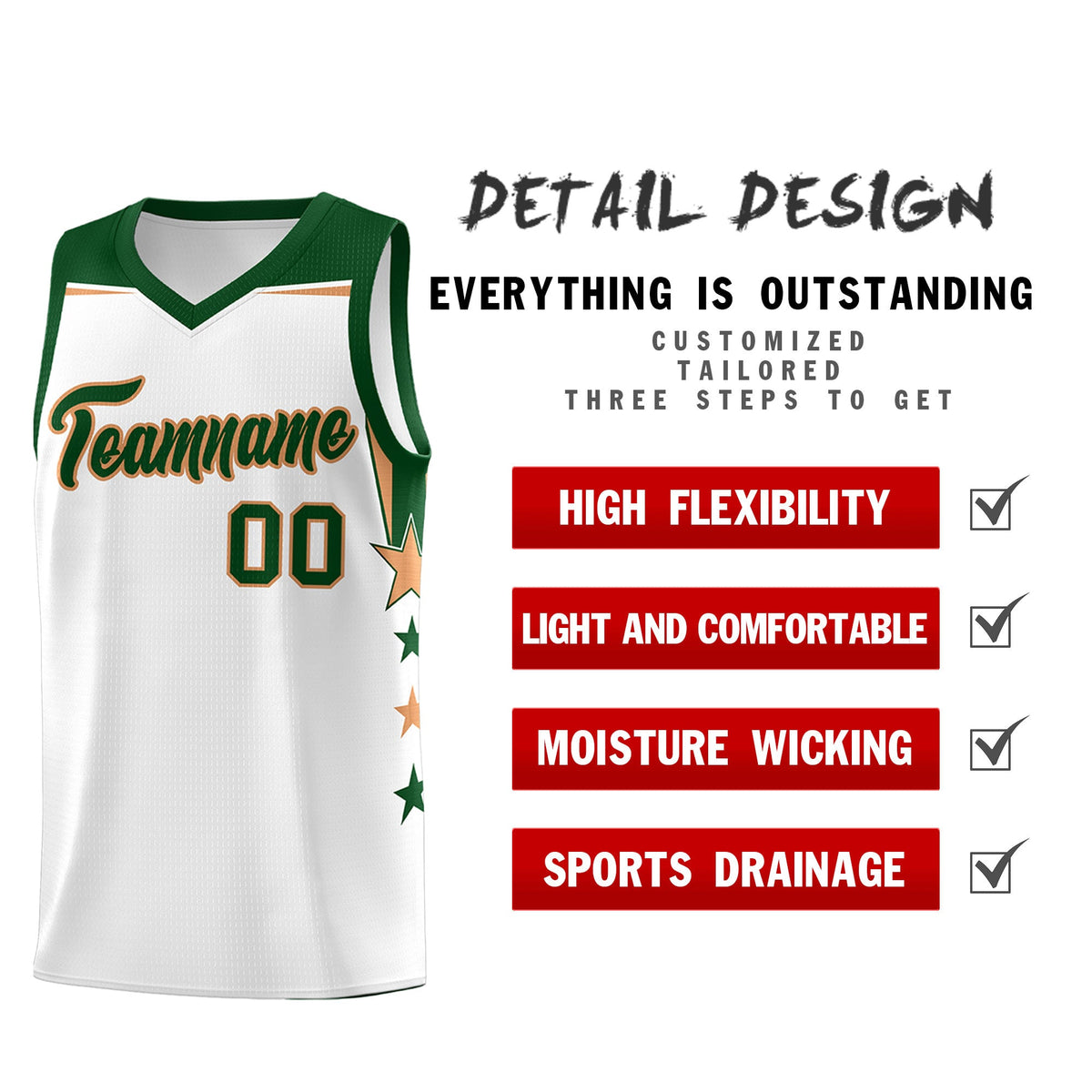 Custom Youth Basketball Uniform White Green Two Tone Side Star Add Name Number &amp; Logo