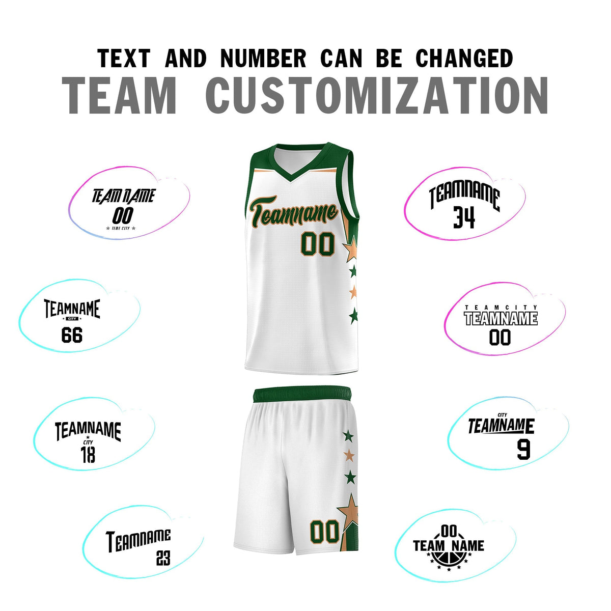 Custom Youth Basketball Uniform White Green Two Tone Side Star Add Name Number &amp; Logo