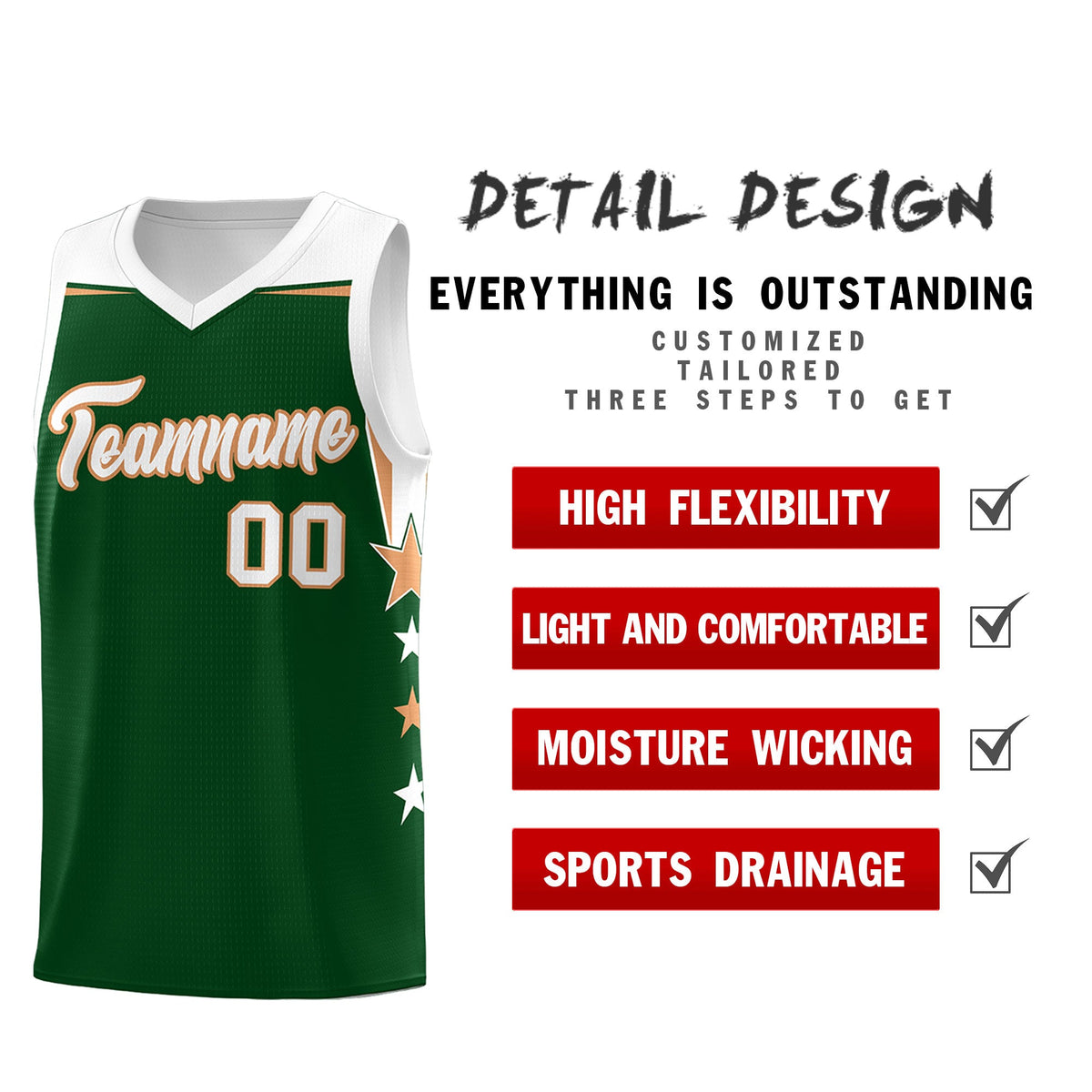 Custom Youth Basketball Uniform Green White Two Tone Side Star Personalized Team Jersey