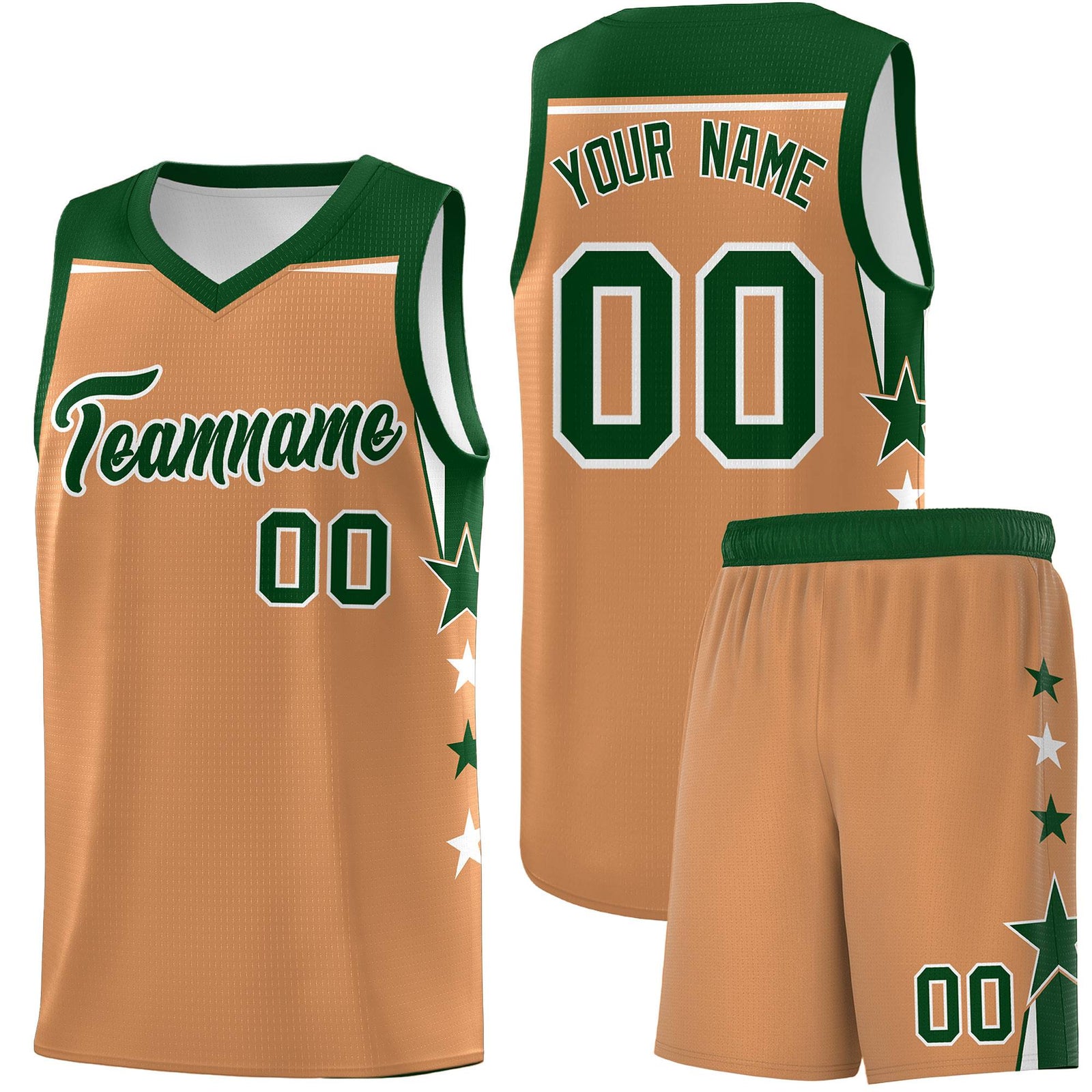 Custom Youth Basketball Uniform Buckskin Brown Green Two Tone Side Star Color Block Team Jersey