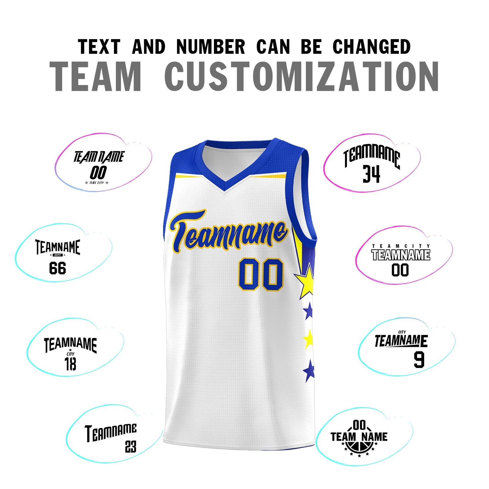 Custom Youth Basketball Uniform White Royal Two Tone Side Star Add Name Number & Logo