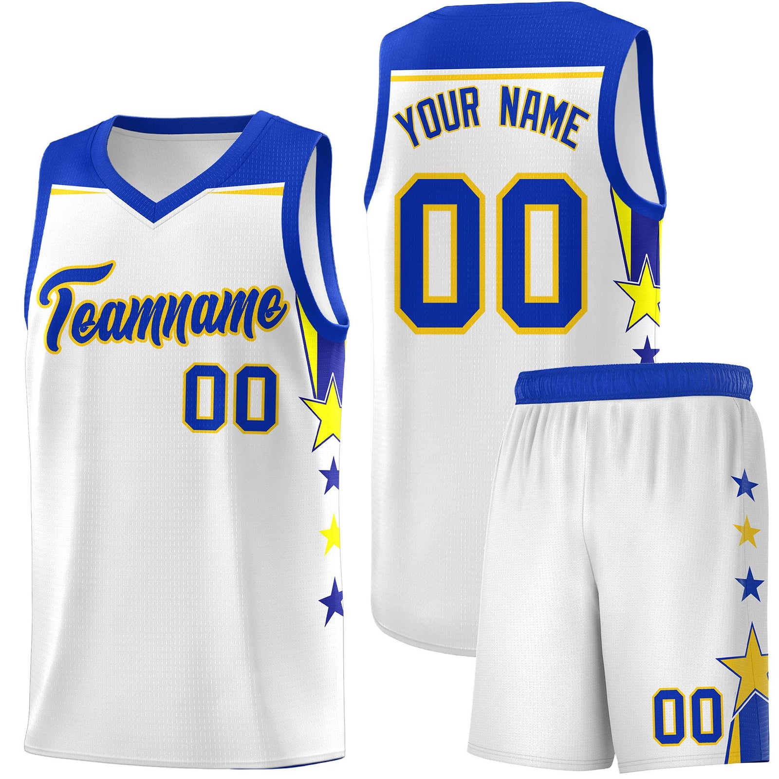 Custom Youth Basketball Uniform White Royal Two Tone Side Star Add Name Number & Logo