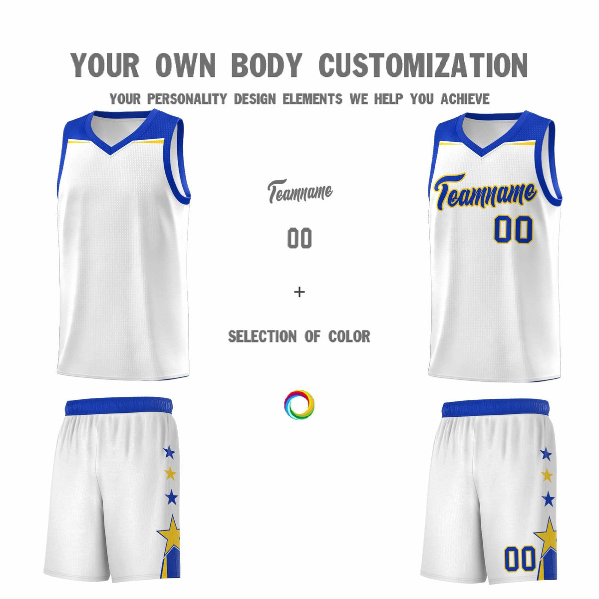 Custom Youth Basketball Uniform White Royal Two Tone Side Star Add Name Number &amp; Logo