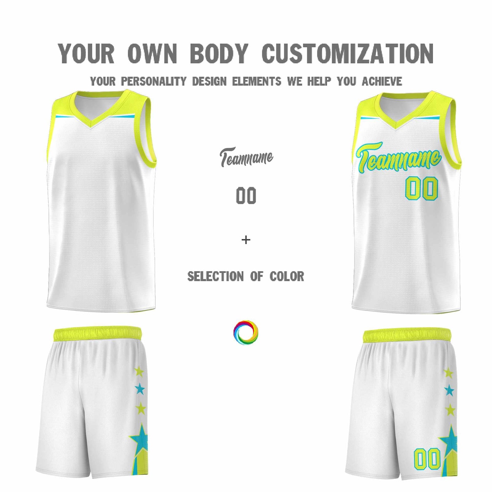 Custom Youth Basketball Uniform White Fluorescent Green Two Tone Side Star Add Name Number & Logo