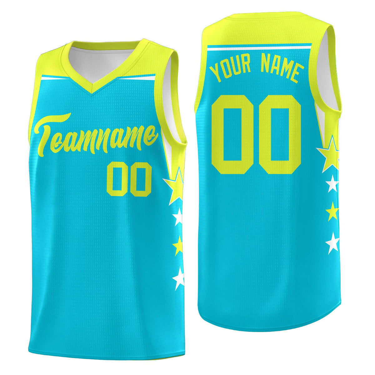 Custom Youth Basketball Uniform Sky Blue Fluorescent Green Two Tone Side Star Color Block Team Jersey