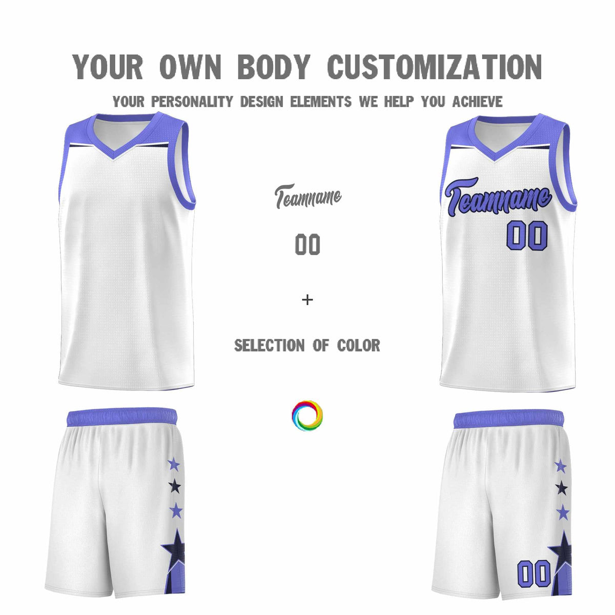 Custom Youth Basketball Uniform White Purple Two Tone Side Star Add Name Number & Logo