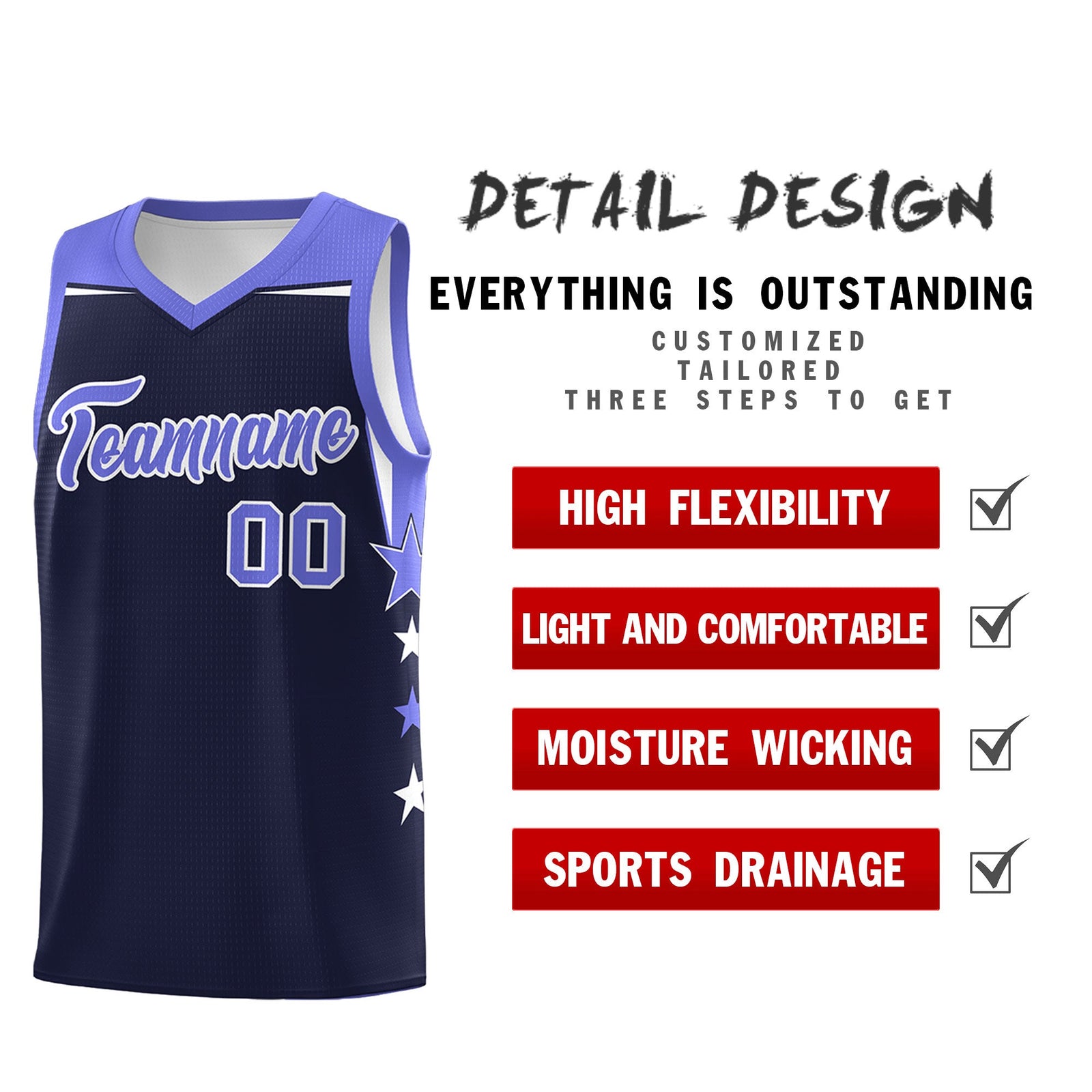 Custom Youth Basketball Uniform Navy Purple Two Tone Side Star Color Block Team Jersey