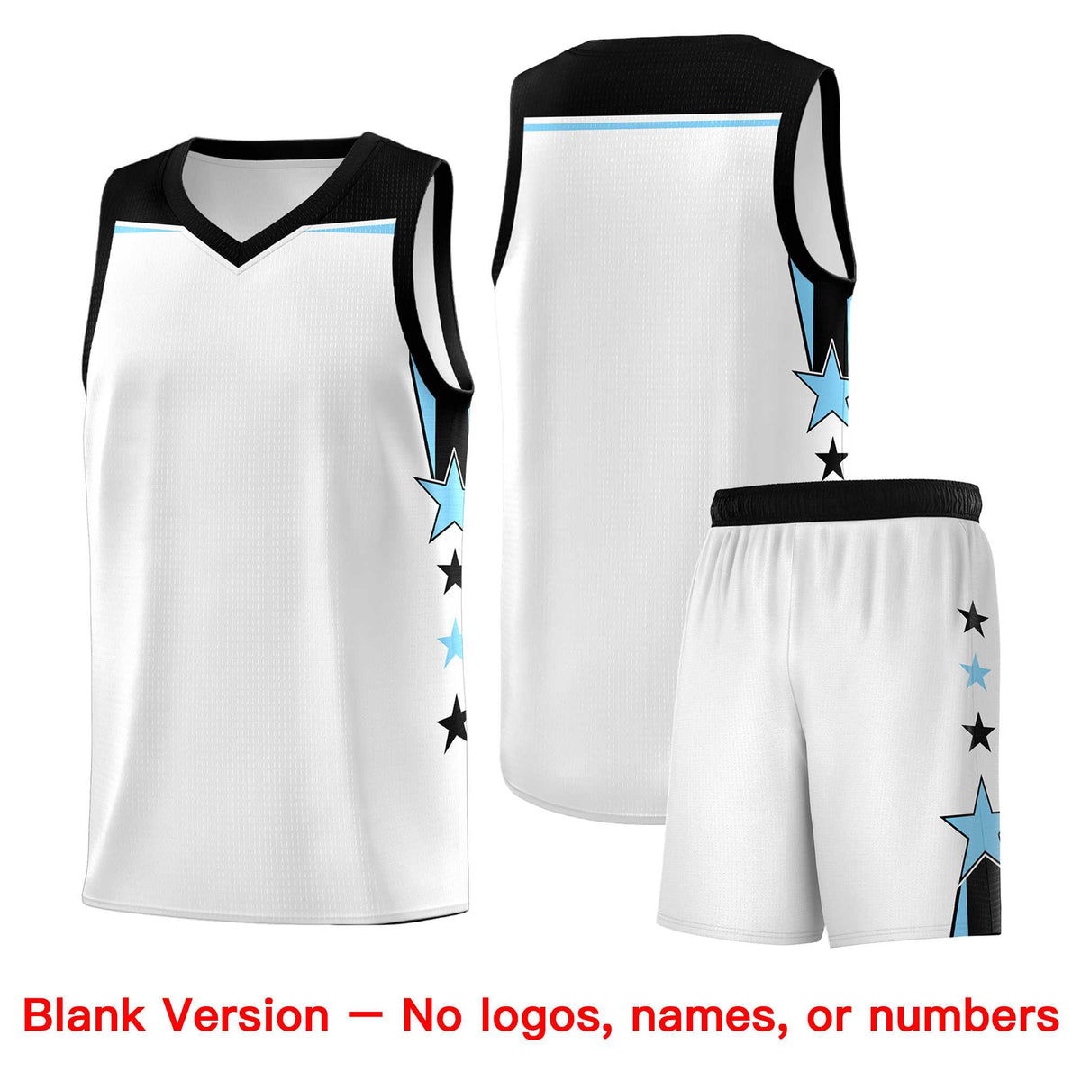 Custom Youth Basketball Uniform White Light Blue Two Tone Side Star Add Name Number & Logo