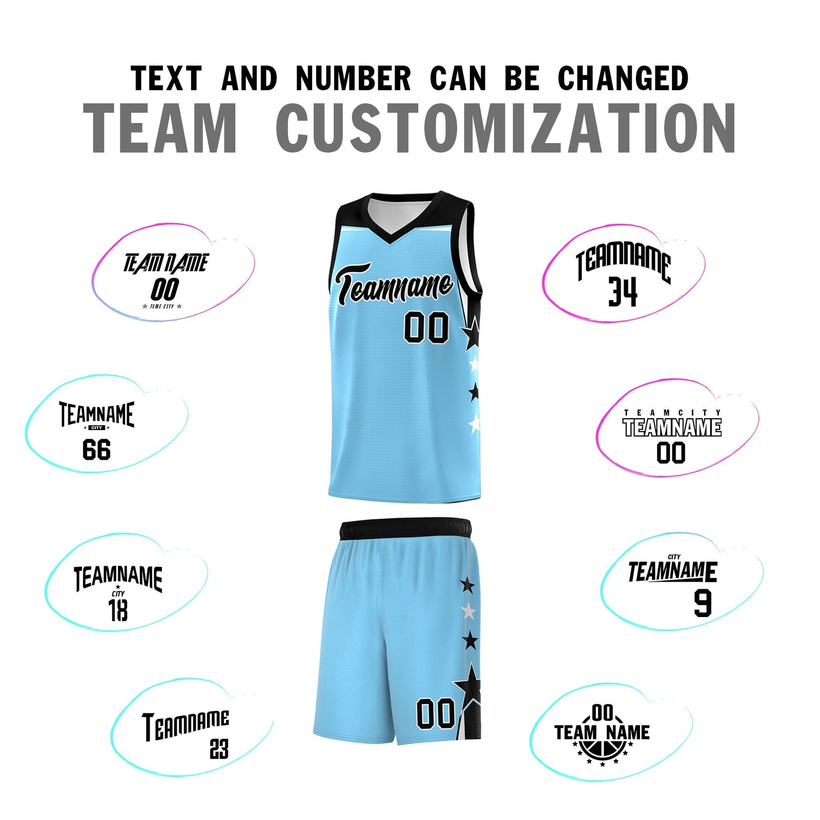 Custom Youth Basketball Uniform Light Blue Black Two Tone Side Star Color Block Team Jersey