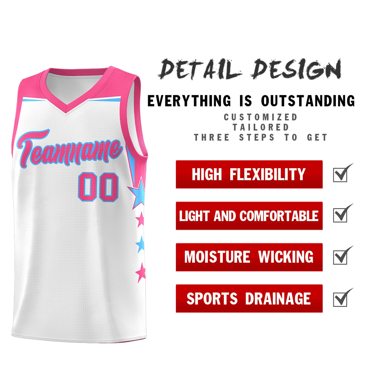 Custom Youth Basketball Uniform White Pink Two Tone Side Star Add Name Number &amp; Logo