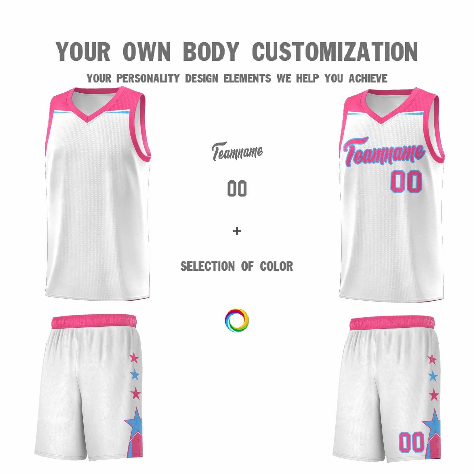 Custom Youth Basketball Uniform White Pink Two Tone Side Star Add Name Number & Logo