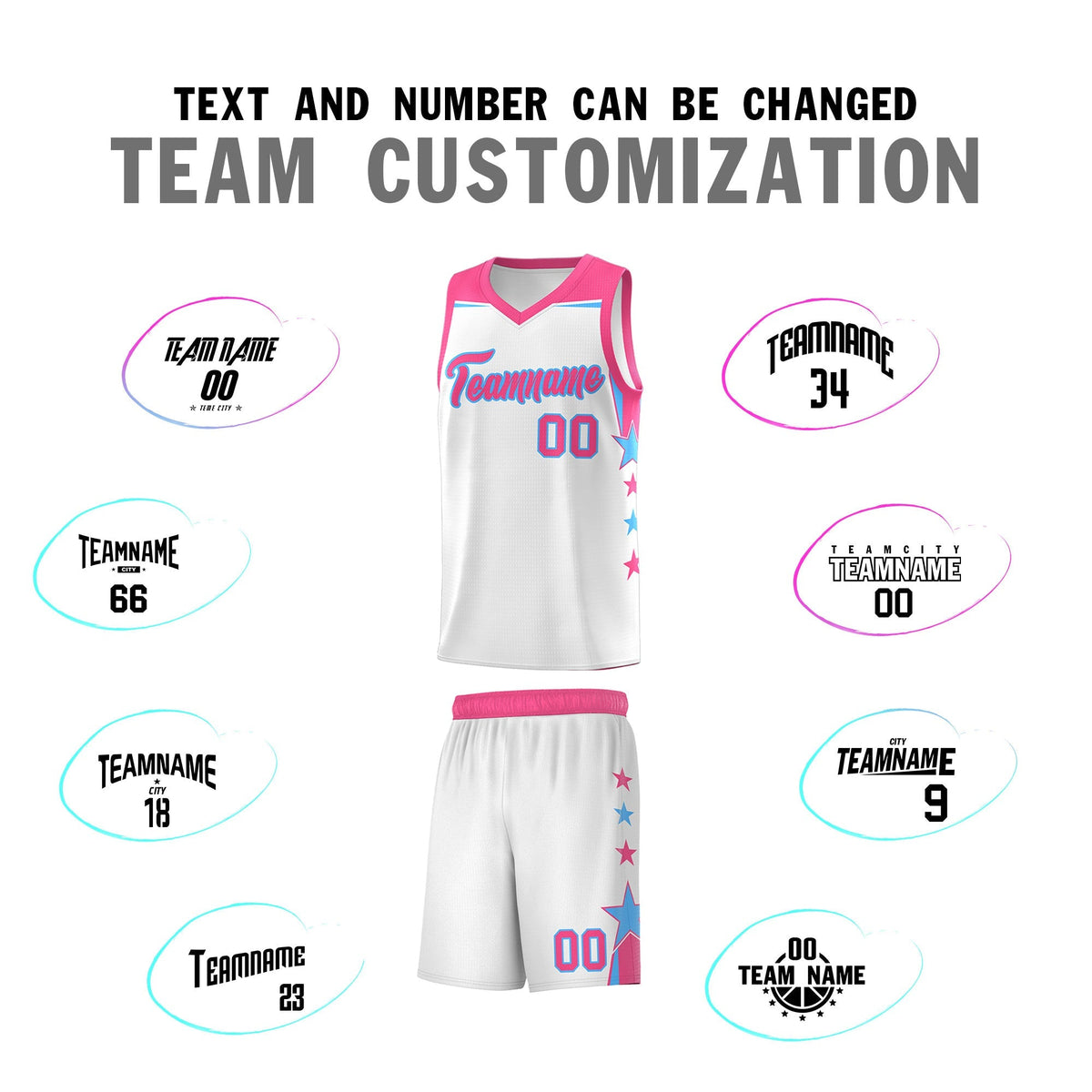 Custom Youth Basketball Uniform White Pink Two Tone Side Star Add Name Number &amp; Logo