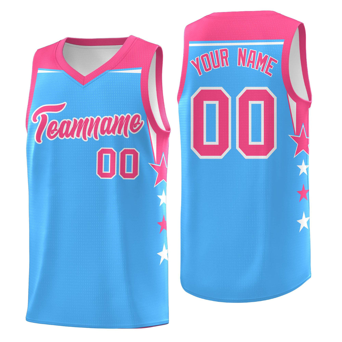 Custom Youth Basketball Uniform Powder Blue Pink Two Tone Side Star Color Block Team Jersey