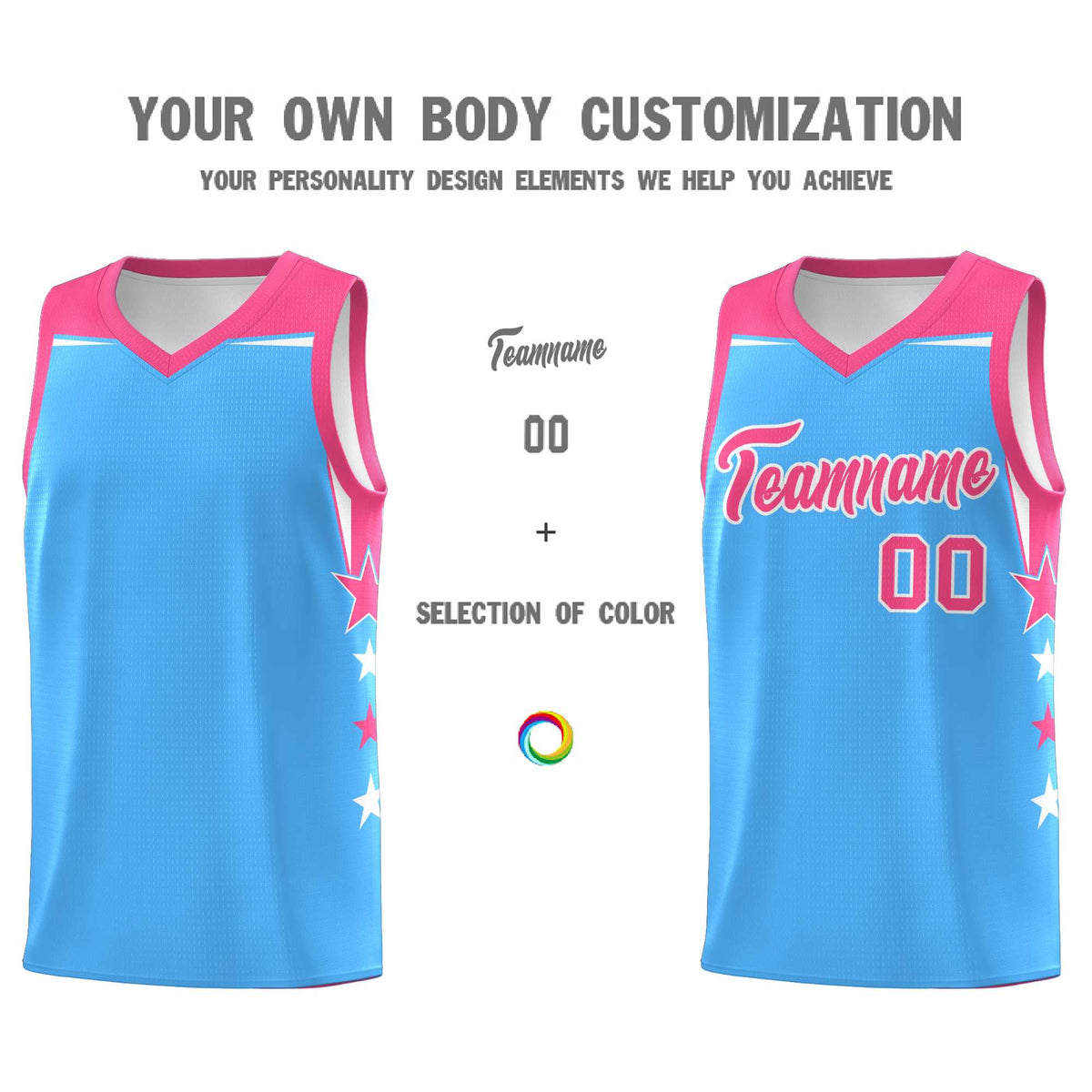 Custom Youth Basketball Uniform Powder Blue Pink Two Tone Side Star Color Block Team Jersey