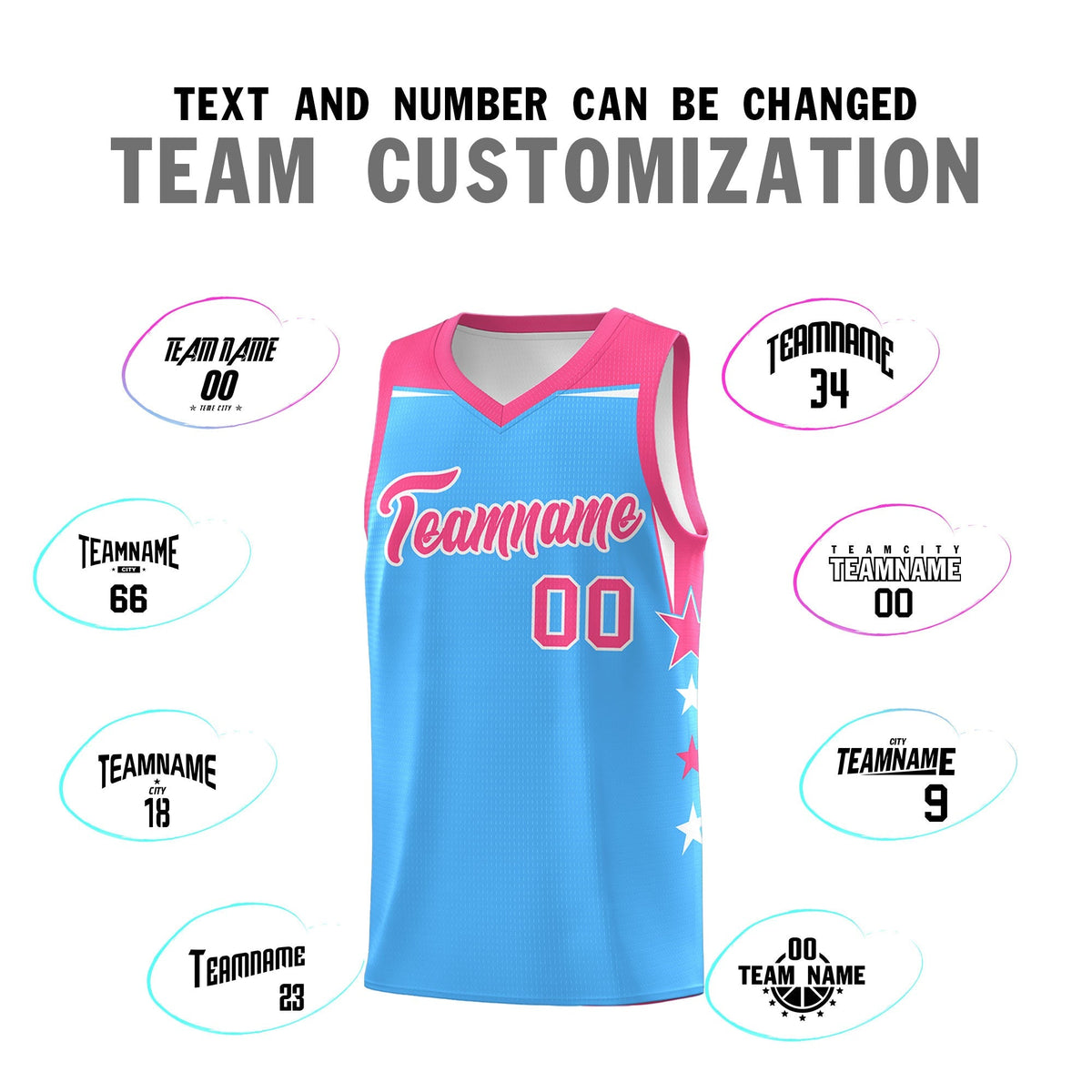 Custom Youth Basketball Uniform Powder Blue Pink Two Tone Side Star Color Block Team Jersey