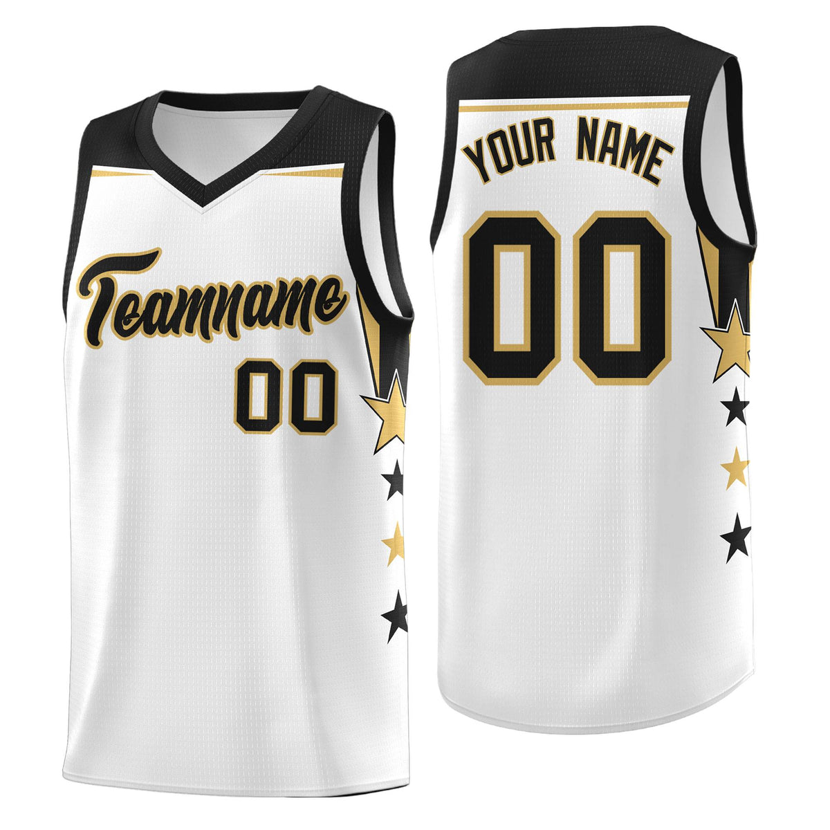 Custom Youth Basketball Uniform White Black Two Tone Side Star Add Name Number &amp; Logo
