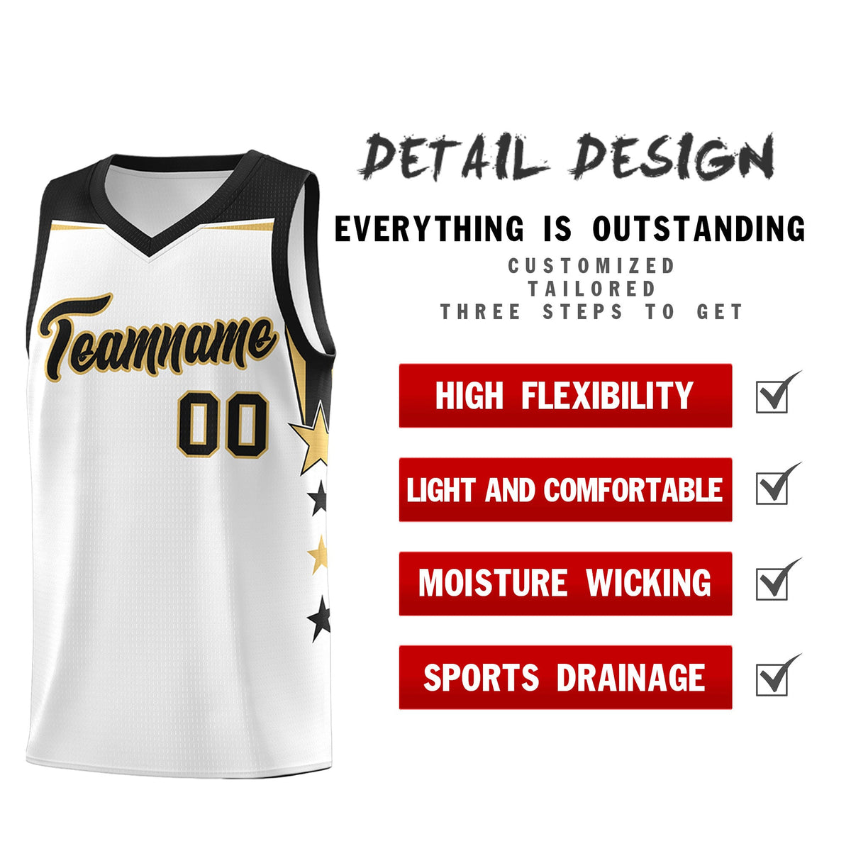 Custom Youth Basketball Uniform White Black Two Tone Side Star Add Name Number &amp; Logo
