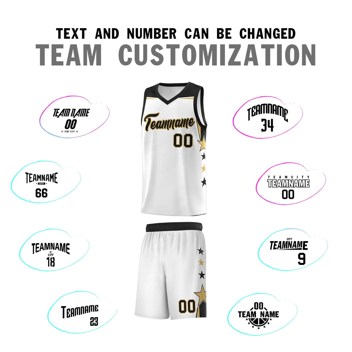 Custom Youth Basketball Uniform White Black Two Tone Side Star Add Name Number &amp; Logo