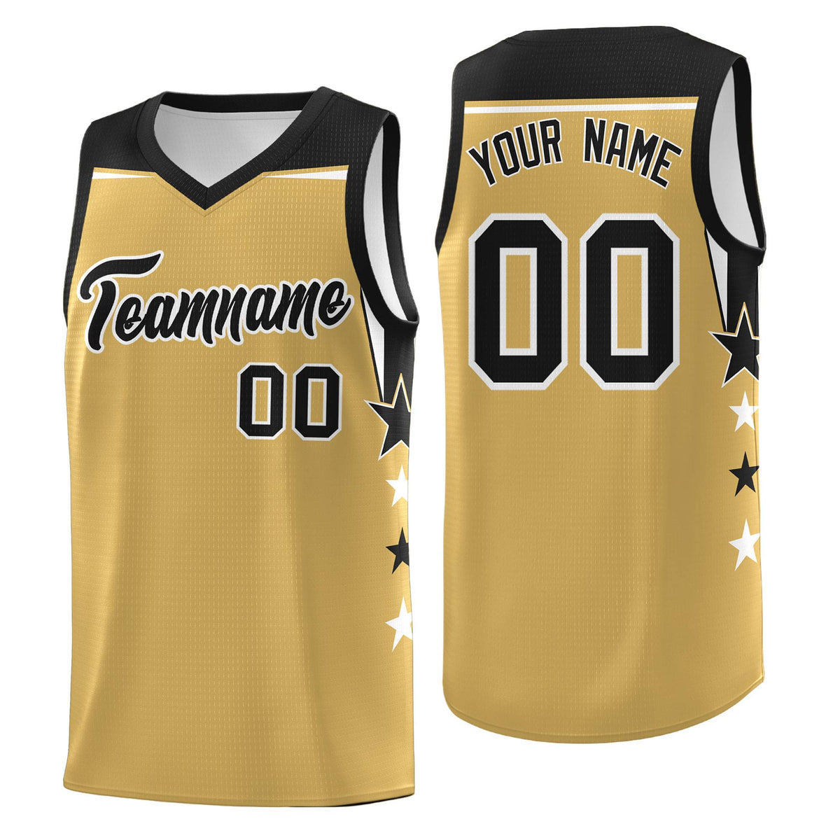 Custom Youth Basketball Uniform Old Gold Black Two Tone Side Star Color Block Team Jersey