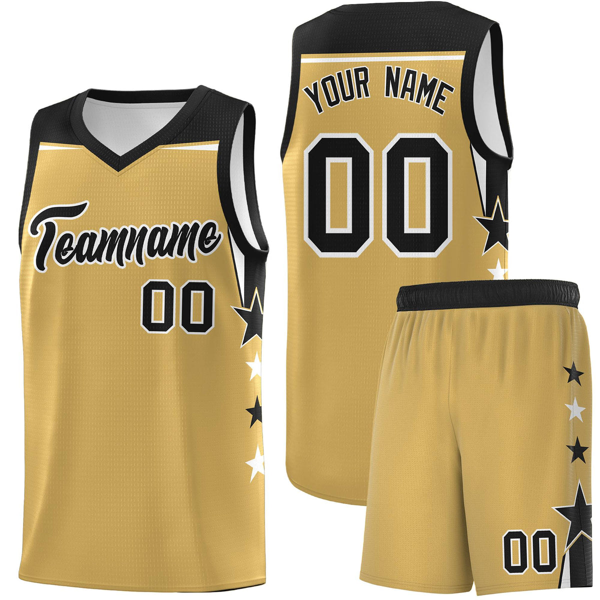 Custom Youth Basketball Uniform Old Gold Black Two Tone Side Star Color Block Team Jersey