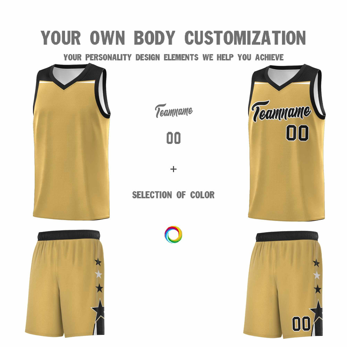 Custom Youth Basketball Uniform Old Gold Black Two Tone Side Star Color Block Team Jersey