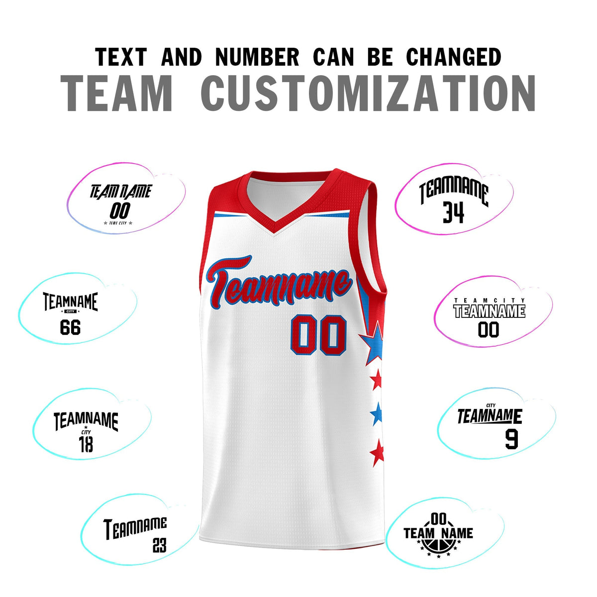 Custom Youth Basketball Uniform White Red Two Tone Side Star Add Name Number & Logo